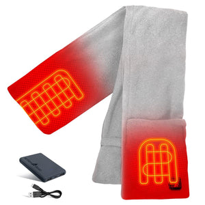 Grey fleece heated scarf with pockets by ActionHeat, showing glowing red heating elements, a power bank, and USB cable.