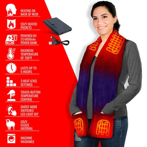 Heated fleece scarf with pockets by ActionHeat, in ombre red to purple with visible orange heating elements, worn by a smiling woman, a power bank also displayed.