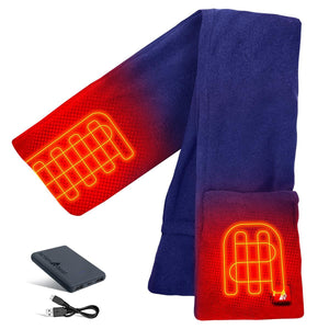Blue battery heated fleece scarf with pockets by ActionHeat, showing red glowing heating elements and a grey power bank with charging cable.