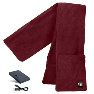 Burgundy heated fleece scarf by ActionHeat with pockets, a control button, a separate battery pack, and a charging cable.