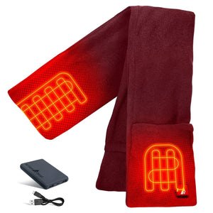 Burgundy heated fleece scarf with pockets by ActionHeat, displaying glowing heating elements and a dark grey power bank with charging cable.
