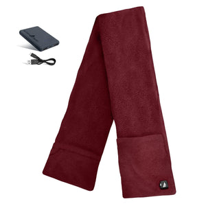 Heated maroon fleece scarf with pockets by ActionHeat, accompanied by a power bank and USB cable.