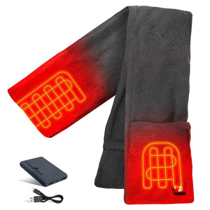 Gray heated fleece scarf by ActionHeat, with glowing red heating elements in pockets, a power bank, and USB cable.
