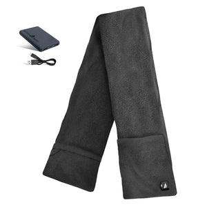 Dark grey heated fleece scarf by ActionHeat with pockets, accompanying battery pack and USB charging cable.