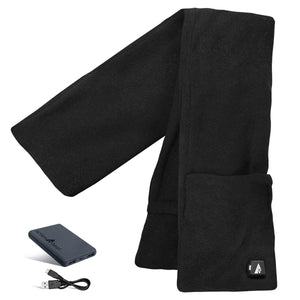 Black heated fleece scarf by ActionHeat with pockets, an illuminated power button, and an accompanying power bank with USB cable.