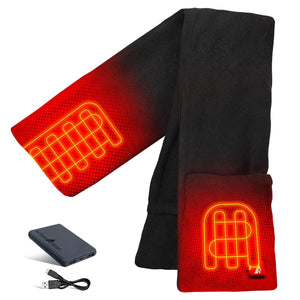 Black heated fleece scarf by ActionHeat, featuring illuminated red heating elements in its ends and pockets, with a power bank shown.