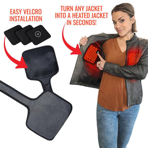 Black mesh heating jacket insert by ActionHeat, shown with velcro patches and glowing red inside a woman's dark jacket.