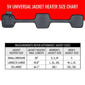5V Battery Heated Jacket Insert by ActionHeat, black with mesh heating pads and a detailed size chart.