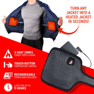 Black mesh heated jacket insert by ActionHeat, with glowing red heating elements visible inside an open blue jacket on a man.