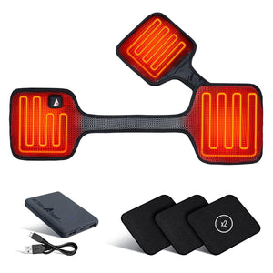 Black 5V Battery Heated Jacket Insert by ActionHeat with glowing heating elements, power bank, USB cable, and fabric patches.