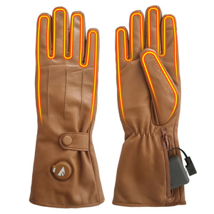 Brown leather men's heated dress glove by ActionHeat, with outlined heating elements, a button strap, and a power bank in a cuff pocket.