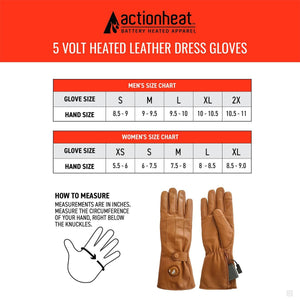 Men's tan 5-volt battery heated leather dress gloves by ActionHeat, with a battery cable visible on one.