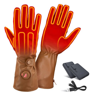 Brown leather heated dress gloves by ActionHeat with glowing yellow heating elements on a red interior, a control button, and two power banks.