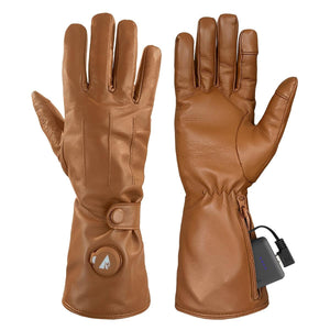 Brown leather men's battery heated dress glove from ActionHeat, showing the back with power button and palm with battery pack.