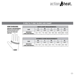 Heated gloves size chart by ActionHeat detailing men's and women's hand measurements with a measuring diagram.