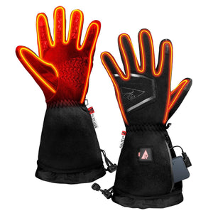 Black Men's Featherweight Heated Gloves by ActionHeat, glowing red and yellow, featuring textured palms and a battery in a pocket.