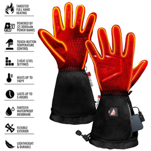 Men's featherweight heated gloves by ActionHeat, red and black with glowing yellow heating elements and visible power banks.