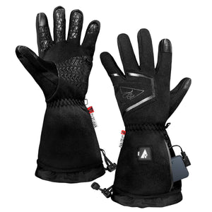Black featherweight heated gloves by ActionHeat, with textured palms and a power bank in an open wrist pocket.