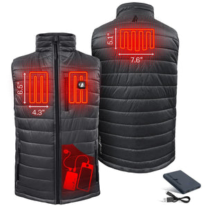 Men's dark gray insulated puffer battery heated vest by ActionHeat, displaying red heating zones on chest and back, and an accompanying power bank.