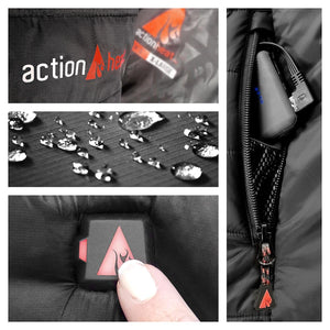Black men's insulated puffer battery heated vest by ActionHeat, showing water-resistant fabric, flame logo button, and battery in pocket.