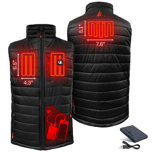 Black men's insulated puffer battery heated vest by ActionHeat, with glowing red heating elements in front and back, plus external power bank.