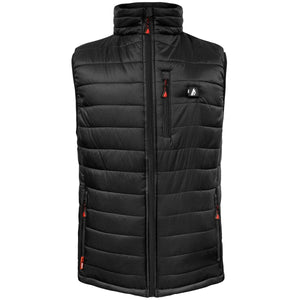 A black men's insulated puffer battery heated vest by ActionHeat, with horizontal baffles, red zipper pulls, a small chest logo, and a red side tag.