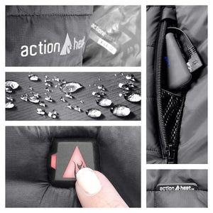 Black puffer heated vest by ActionHeat, featuring water-resistant fabric, an active heating control button, and an internal battery pack.