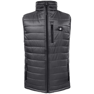 Grey Men's Insulated Puffer Battery Heated Vest by ActionHeat, with a front zipper, stand collar, horizontal quilting, and a control panel on the chest.