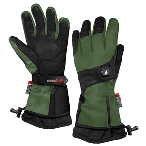 Green and black men's premium heated gloves by ActionHeat, featuring a power button, wrist strap, and zipper pocket.