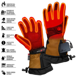 A pair of red and brown leather heated gloves by ActionHeat, with glowing orange heating elements and an external power bank attached.