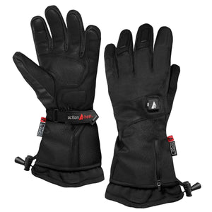 Black heated gloves by ActionHeat, with a power button, wrist straps, and zipper pockets.