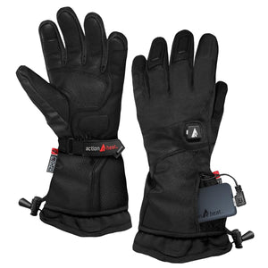 Black men's premium heated gloves by ActionHeat, featuring textured palms, a visible heat button, and a battery pack in the wrist pocket.