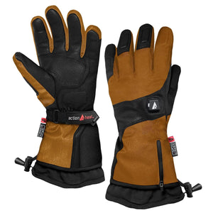 Pair of brown and black men's heated gloves by ActionHeat, with a power button, adjustable wrist strap, and drawstring cuffs.