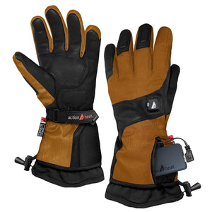 Brown and black men's premium heated gloves by ActionHeat, featuring a power button, wrist strap, and visible battery.