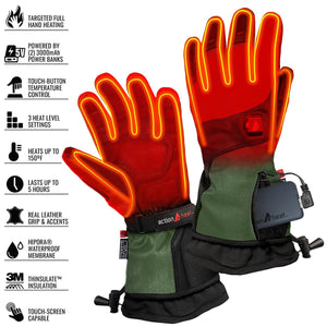 Red and green heated gloves by ActionHeat with glowing heat elements and visible power banks.