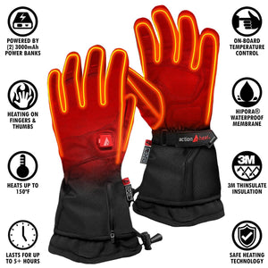 Pair of black and red heated gloves by ActionHeat with glowing heating elements and feature icons.