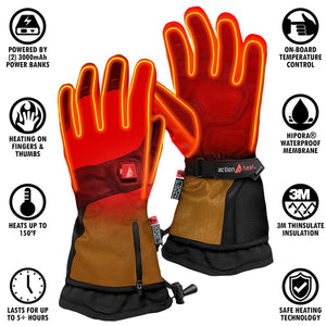 Red and brown Men's Premium Heated Gloves by ActionHeat, with glowing orange heating elements on fingers and thumbs, and a control button.