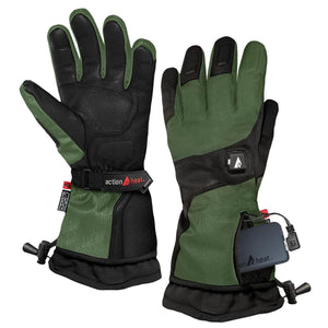 Green and black men's heated gloves by ActionHeat, showing palm and back views with a power button and visible battery pack.