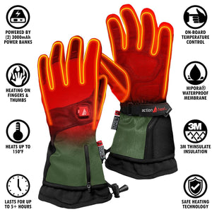 Red and dark green heated gloves by ActionHeat, showing glowing heat on fingers and thumbs, with zippered cuffs.