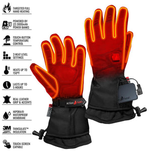 Men's heated gloves by ActionHeat, featuring red palms with glowing yellow elements and a power bank.