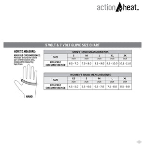 Heated gloves size chart by ActionHeat, detailing knuckle circumference measurement for men and women.
