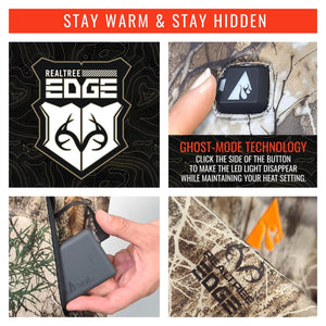 Women's battery heated hunting vest in Realtree Edge camouflage by ActionHeat, featuring control button, battery pack connection, and fabric details.