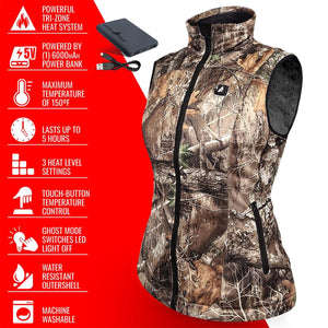 Women's heated hunting vest in Realtree EDGE camouflage by ActionHeat, featuring a full-zip front, high collar, and an external power bank.