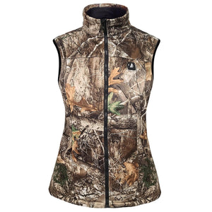 Realtree camouflage Women's Battery Heated Hunting Vest by ActionHeat, featuring a high collar and front zipper.