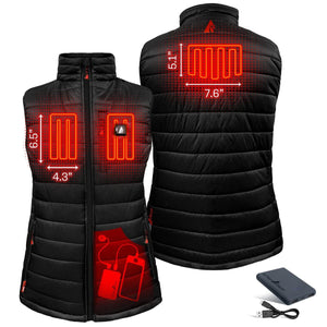 Black women's heated insulated puffer vest by ActionHeat, featuring front and back views highlighting red heating elements and including a power bank with USB cable.