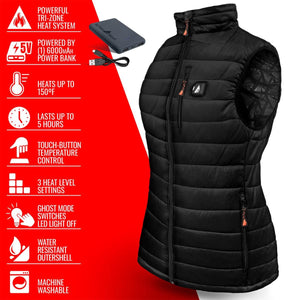 Black Women's Battery Heated Insulated Puffer Vest by ActionHeat, featuring a zippered front and standing collar, with a power bank.