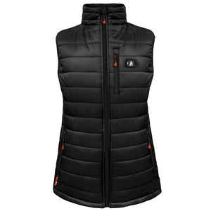 Black puffer vest by ActionHeat with red zipper pulls and a chest logo patch.