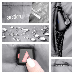 Gray battery-heated insulated puffer vest by ActionHeat, showing water-resistant fabric, heat control, and internal battery.