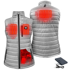 Grey women's heated insulated puffer vest by ActionHeat, showing front and back heating zones, and accompanying battery pack and cable.