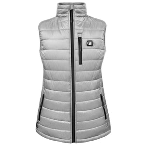 Gray Women's Battery Heated Insulated Puffer Vest by ActionHeat with a full black zipper, chest pocket, side pockets, and power button icon.
